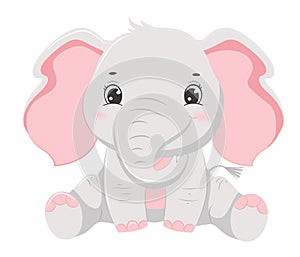 Cute cartoon grey smiling elephant baby. Children illustration