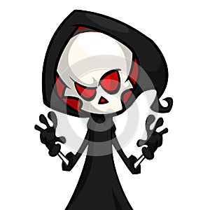 Cute cartoon grim reaper isolated on white. Cute Halloween skeleton death character icon.