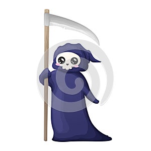 Cute cartoon grim reaper with scythe isolated on white background. Vector illustration. Kawaii Halloween skeleton character