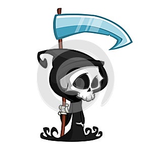 Cute cartoon grim reaper with scythe isolated on white. Cute Halloween skeleton death character icon. photo