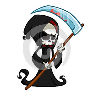 Cute cartoon grim reaper with scythe isolated on white. Cute Halloween skeleton death character icon.