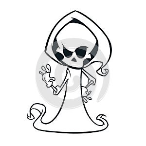 Cute cartoon grim reaper with scythe isolated on white. Cute Halloween skeleton death character outlines