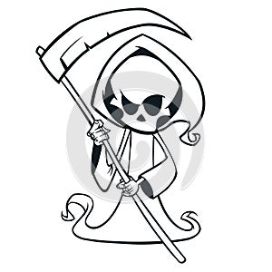 Cute cartoon grim reaper with scythe isolated on white. Cute Halloween skeleton death character outlines photo