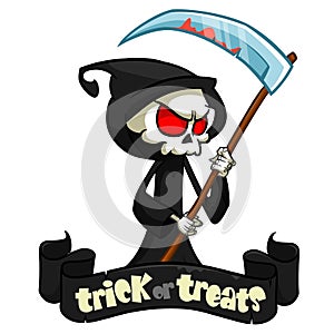 Cute cartoon grim reaper with scythe isolated on white. Vector illustration with a ribbon and title trick or treats.