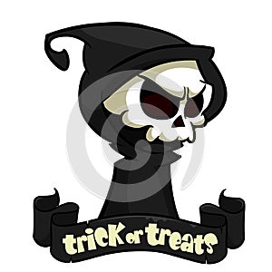 Cute cartoon grim reaper with scythe isolated on white. Vector illustration with a ribbon and title trick or treats.