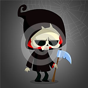 Cute cartoon grim reaper with scythe on white. Vector illustration.