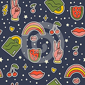 Cute cartoon groovy sticker vector seamless pattern, Hippie retro illustration