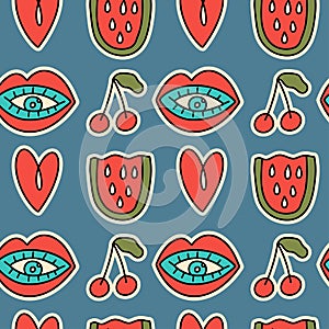 Cute cartoon groovy sticker vector seamless pattern, Hippie retro illustration