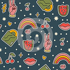 Cute cartoon groovy sticker vector seamless pattern, Hippie retro illustration
