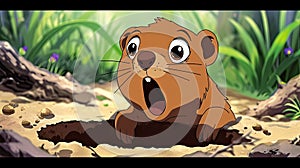 cute cartoon groundhog crawled out of the hole and looks surprised with his mouth open, event Groundhog Day, banner