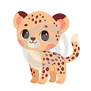 Cute cartoon guepard cheetah vector childish vector illustration in flat. For poster, greeting card and baby design.