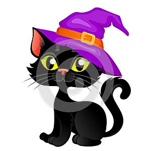 Cute cartoon halloween black cat in hat