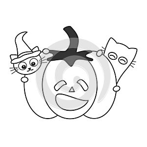 Cute cartoon halloween black and white vector illustration with pumpkin and cats funny holidays for coloring art