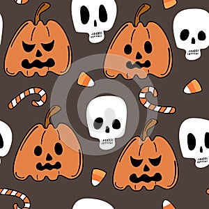 Cute cartoon halloween seamless vector pattern background illustration with pumpkins, candies and skulls