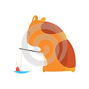 Cute cartoon hamster character fishing, funny brown rodent animal pet vector Illustration on a white background