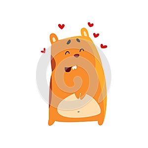 Cute cartoon hamster character in love, funny brown rodent animal pet with red hearts around it vector Illustration on a