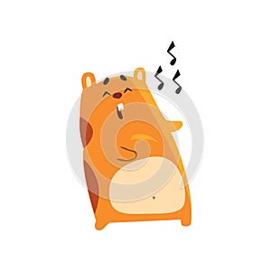 Cute cartoon hamster character singing song, funny brown rodent animal pet vector Illustration on a white background
