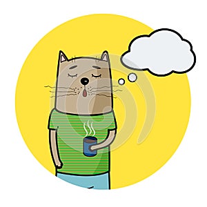 Cute cartoon hand drawn cat with cup of coffee and speechbubble for text photo