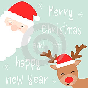 Cute cartoon hand drawn merry christmas and happy new year card with santa claus and reindeer