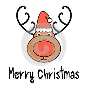 Cute cartoon hand drawn merry christmas vector greeting card with reindeer with santa`s hat