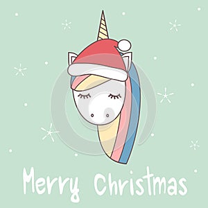 Cute cartoon hand drawn merry christmas vector greeting card with unicorn with santa`s hat