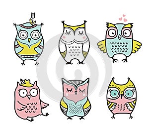 Cute cartoon hand drawn owls vector set