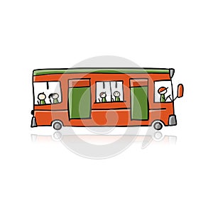 Cute cartoon hand drawn red bus icon, city transport. Sketch for your design
