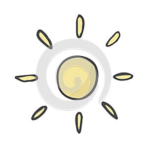 Cute cartoon hand drawn sun drawing. Sweet vector color sun drawing. Isolated monochrome doodle sun drawing on white