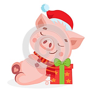 Cute Cartoon Happy Baby Pig In Santa Hat. Santa Pig Sleeping On The Gift Box.