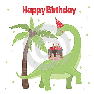 Cute cartoon happy birthday card with dinosaur