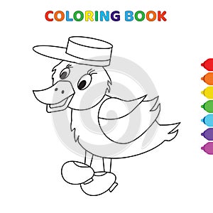 Cute cartoon happy duck with hat on head coloring book for kids. black and white vector illustration for coloring book. happy duck