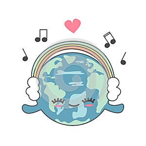 Cute cartoon happy earth with rainbow headphones funny vector illustration