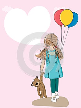 Cute cartoon happy girl holding birthday balloons and Teddy bear, Vector illustration Rear view of toddler girl gesturing with