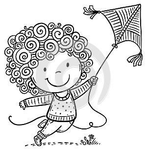 Cute cartoon happy kid playing with flying kite. Outline vector illustration. Coloring book page for children