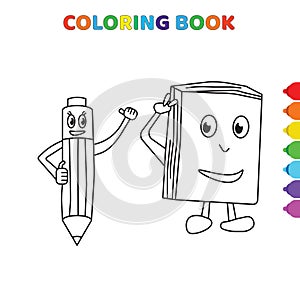 Cute cartoon happy pencil and notebook coloring book for kids. black and white vector illustration for coloring book. happy pencil
