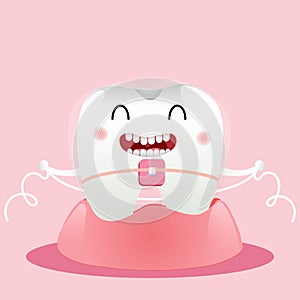 Cute cartoon with happy tooth character cleaning itself with dental floss, oral dental hygiene