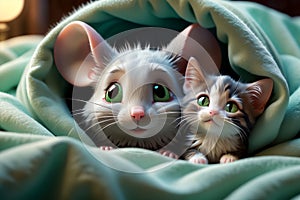 cute cartoon happy white mouse and cat sleeping under the blanket