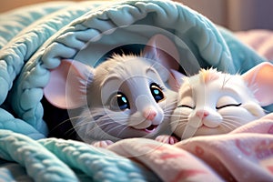 cute cartoon happy white mouse and cat sleeping under the blanket