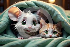 cute cartoon happy white mouse and cat sleeping under the blanket