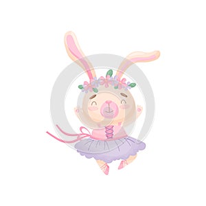 Cartoon hare in a dress of a ballerina. Vector illustration on white background.