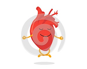 Cute cartoon healthy human heart character relaxation meditate. Funny circulatory cardiology organ mascot meditation in