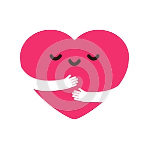 Cute Cartoon Heart Character Hug. Icon Kawaii heart with hugging arms. Love yourself, Self care and happiness isolated on white