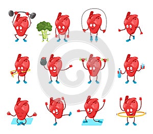 Cute cartoon heart organ vector illustration, Happy hearty character in healthy sport activity, yoga exercise icons