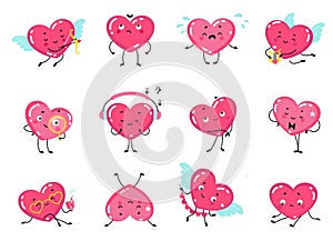 Cute cartoon hearts characters. Valentines day symbols, romantic heart in different poses and emotions. Married or love