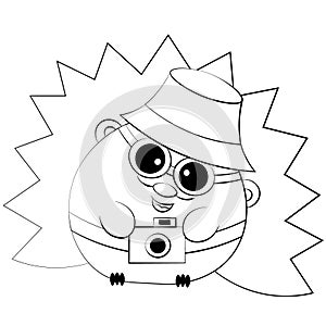 Cute cartoon Hedgehog Tourist with camera. Draw illustration in black and white