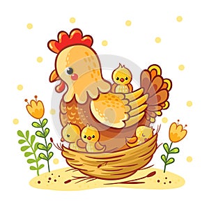 Cute cartoon hen with chickens sitting in a basket.