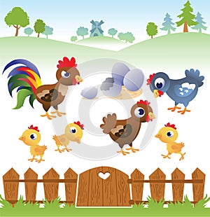 Cute cartoon hen, rooster and chicken with landscape.