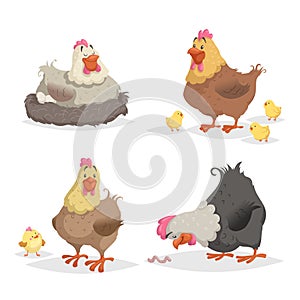 Cute cartoon hens set. Clockinh hen, mother with chickens, looking on wotm. Farm animals vector illustrations