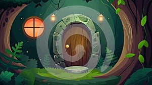 Cute cartoon hidden rat home door in baseboard background. Cartoon cartoon close mouse burrow modern illustration. Brown