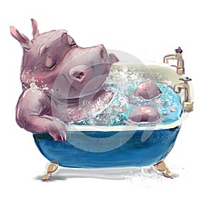 cute cartoon hippo in the bath